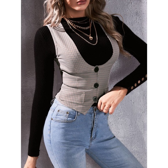 Unity 1pc Plaid Print Flap Detail Vest Blazer - Picture 4 of 11